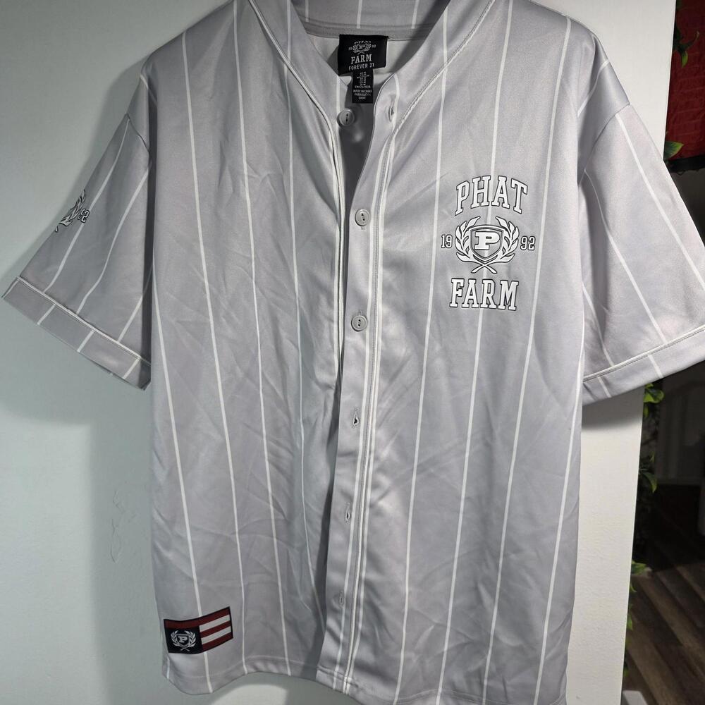 Phat Farm Baseball Shirt Mens Large Gray Pinstripe Button Front 92 Jersey Top